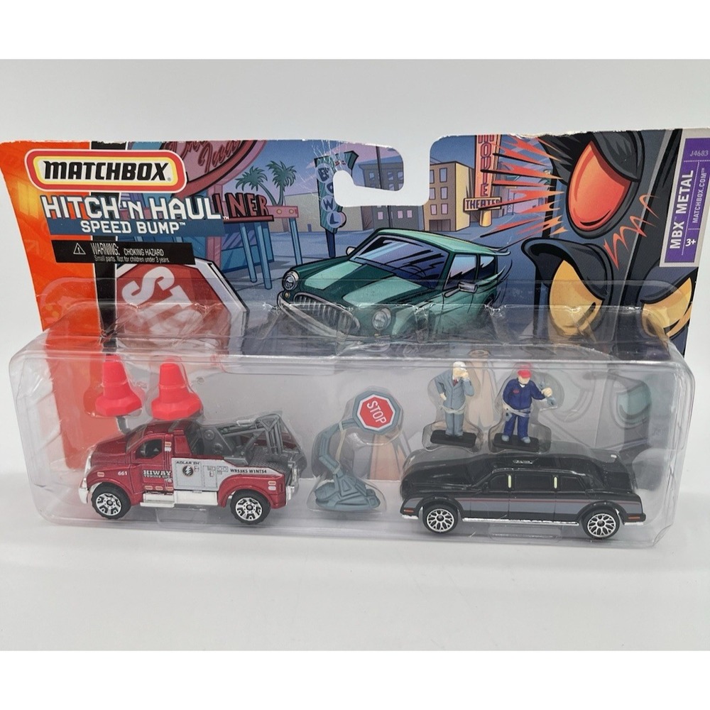 2005 Matchbox Hitch N Haulin Speed Bump Limo Tow Truck Playset Mattel unopened